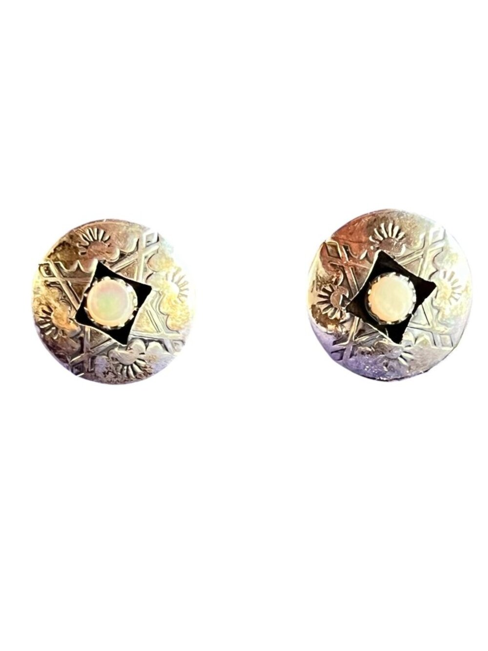 Navajo Sterling Silver MOP Inlay Earrings Engraved Design .75" VTG Round pierced